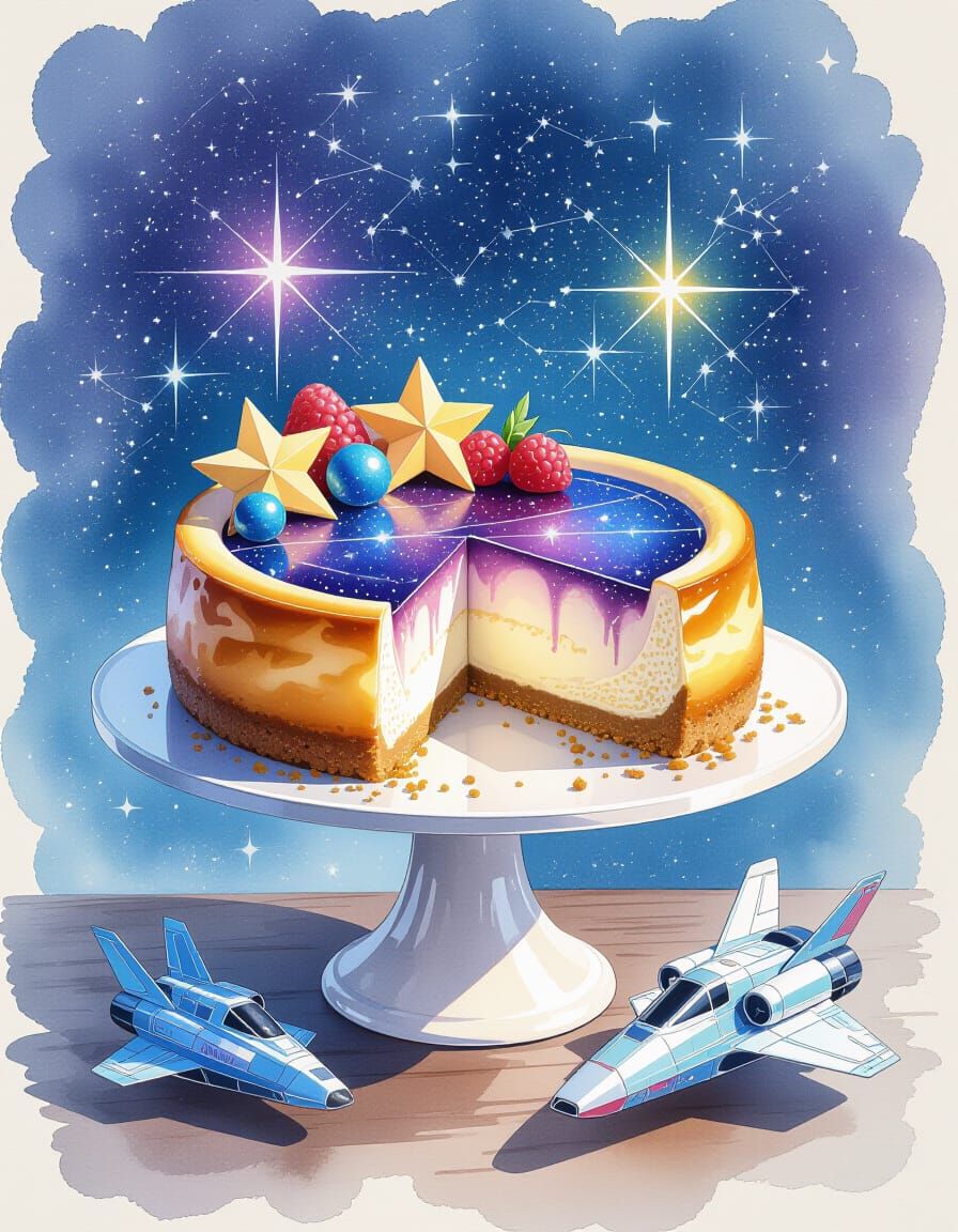 Celestial Cheesecake Spaceship in Watercolor Style