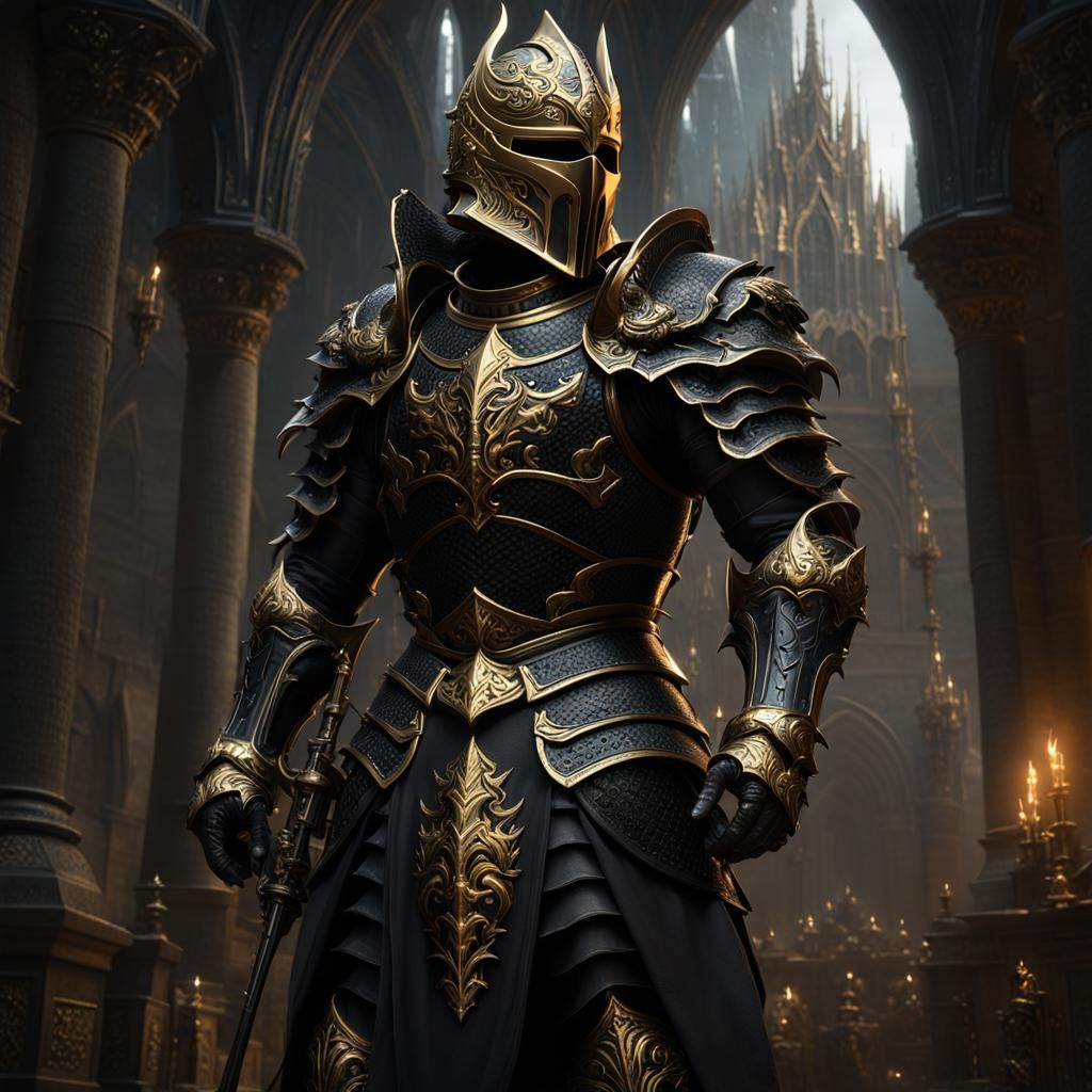 Intricate Black Knight in Gold Armor