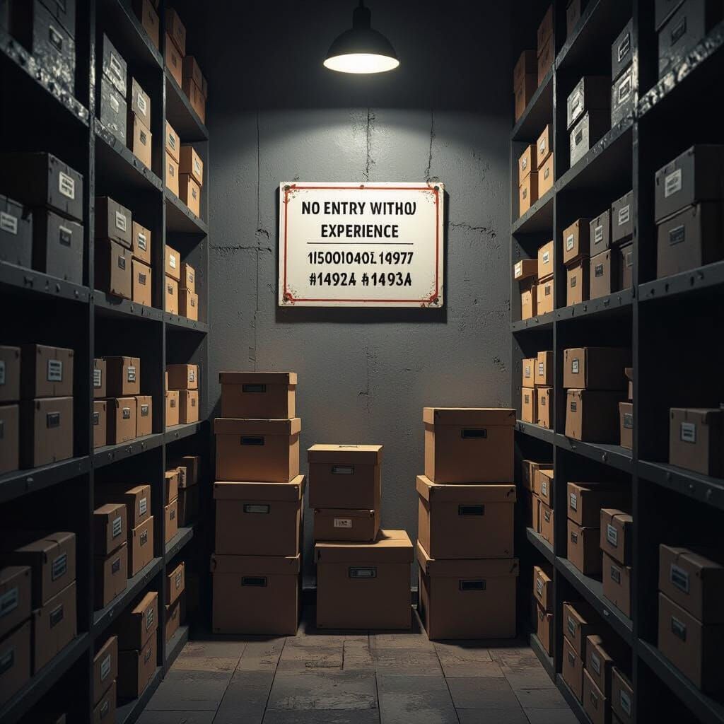 Room with 'Experience Required' Sign and Labeled Boxes