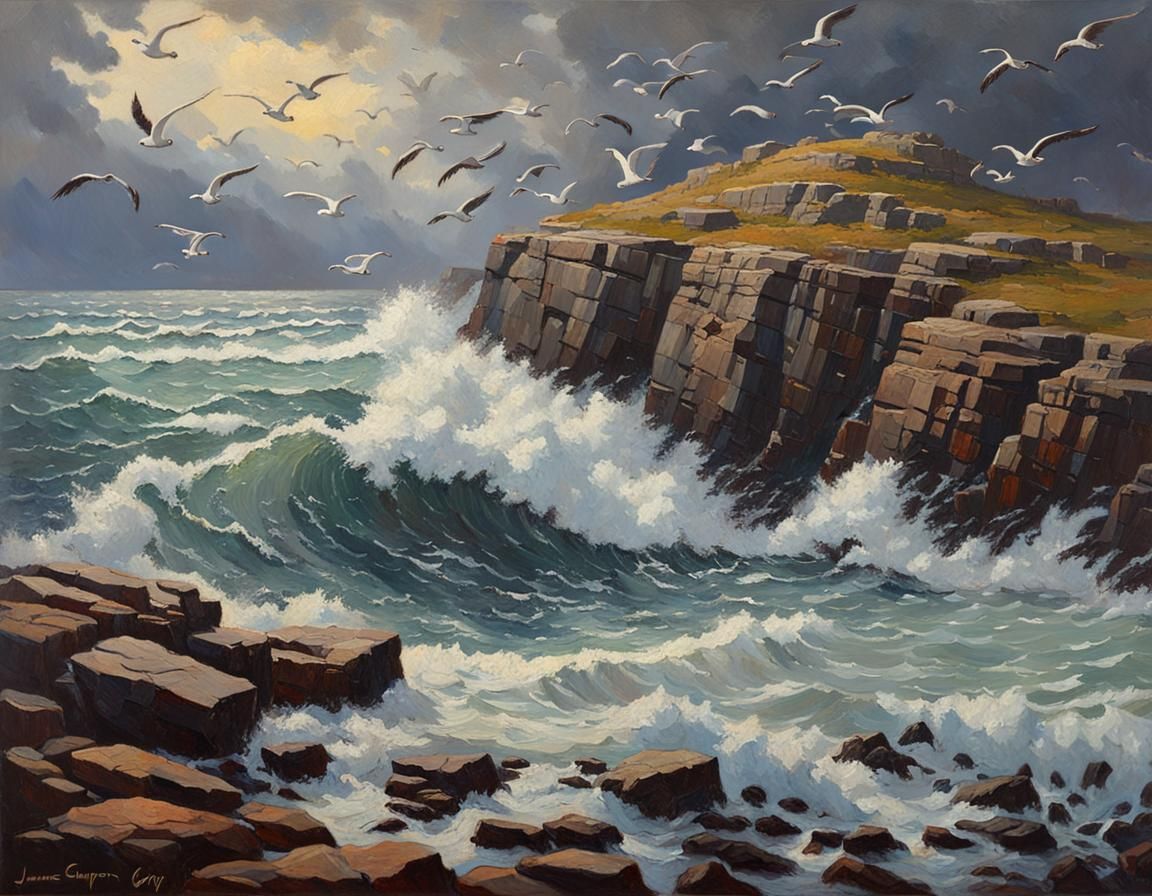 Dramatic Wave Crashing on Rocky Shore, Oil Painting
