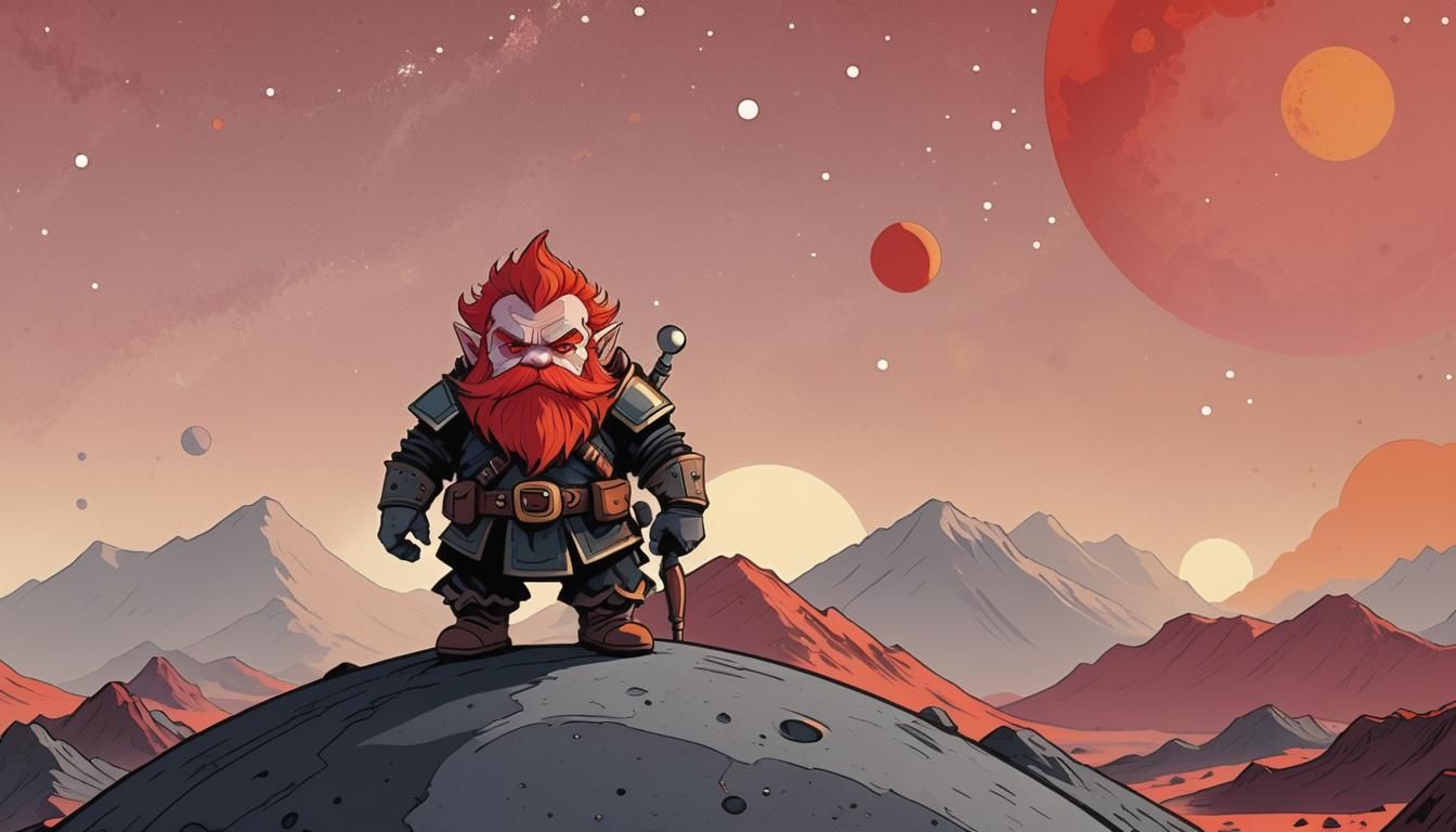 Red-Haired Dwarf on Exoplanet: Minimalist Cartoon Poster