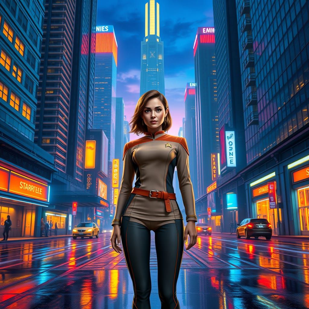 Confident Starfleet Officer in Futuristic Cityscape