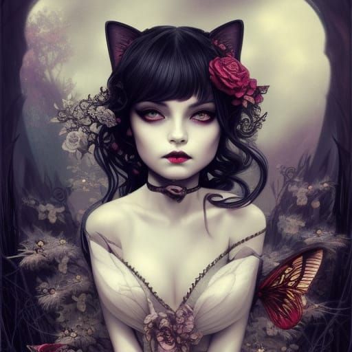 Gothic Fairy with Black Cat, Art Nouveau Style