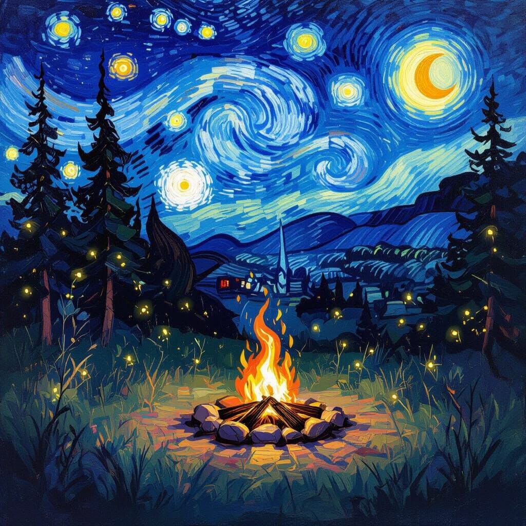 Starry Night Campfire with Twinkling Fireflies