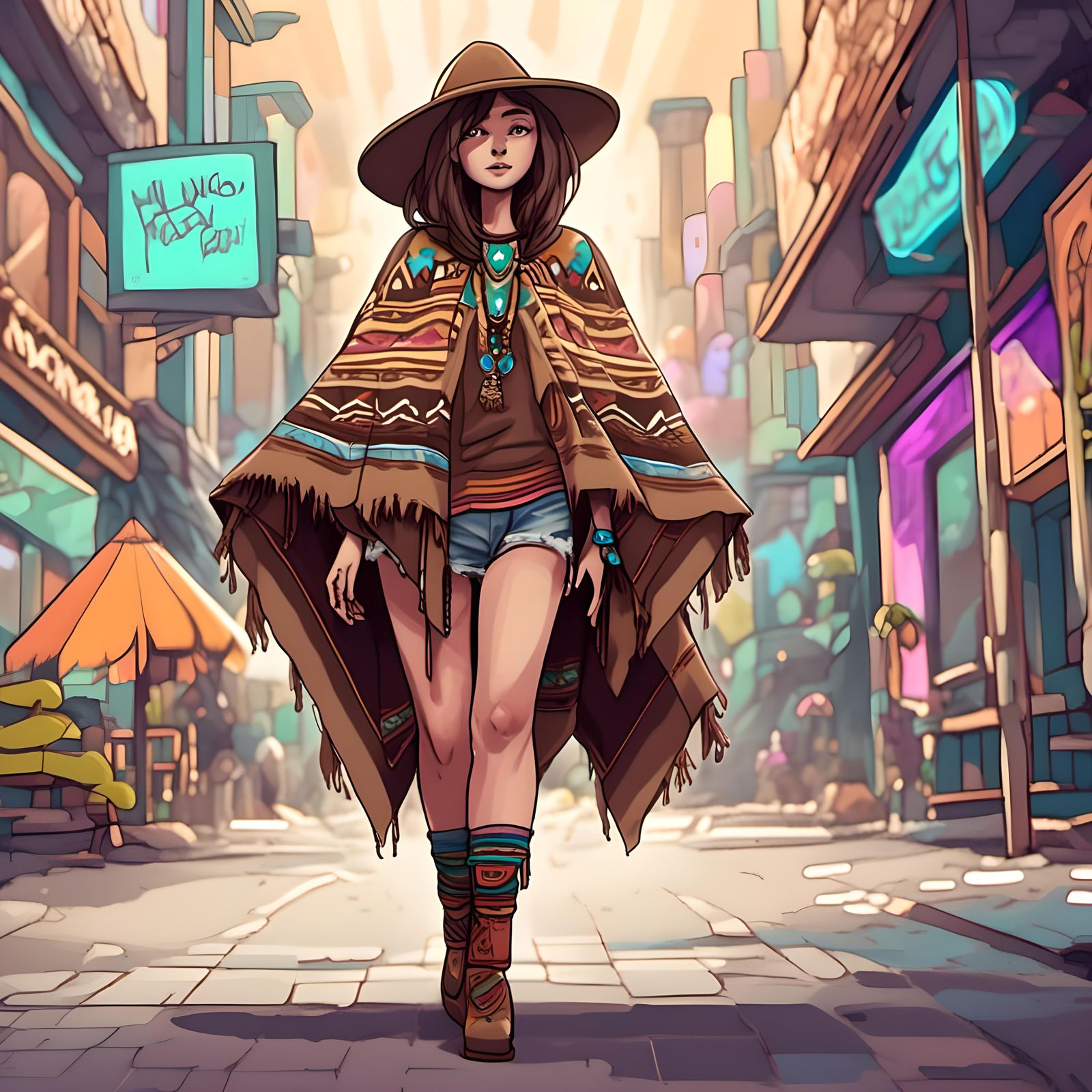 Psychedelic Aztec Woman in Poncho