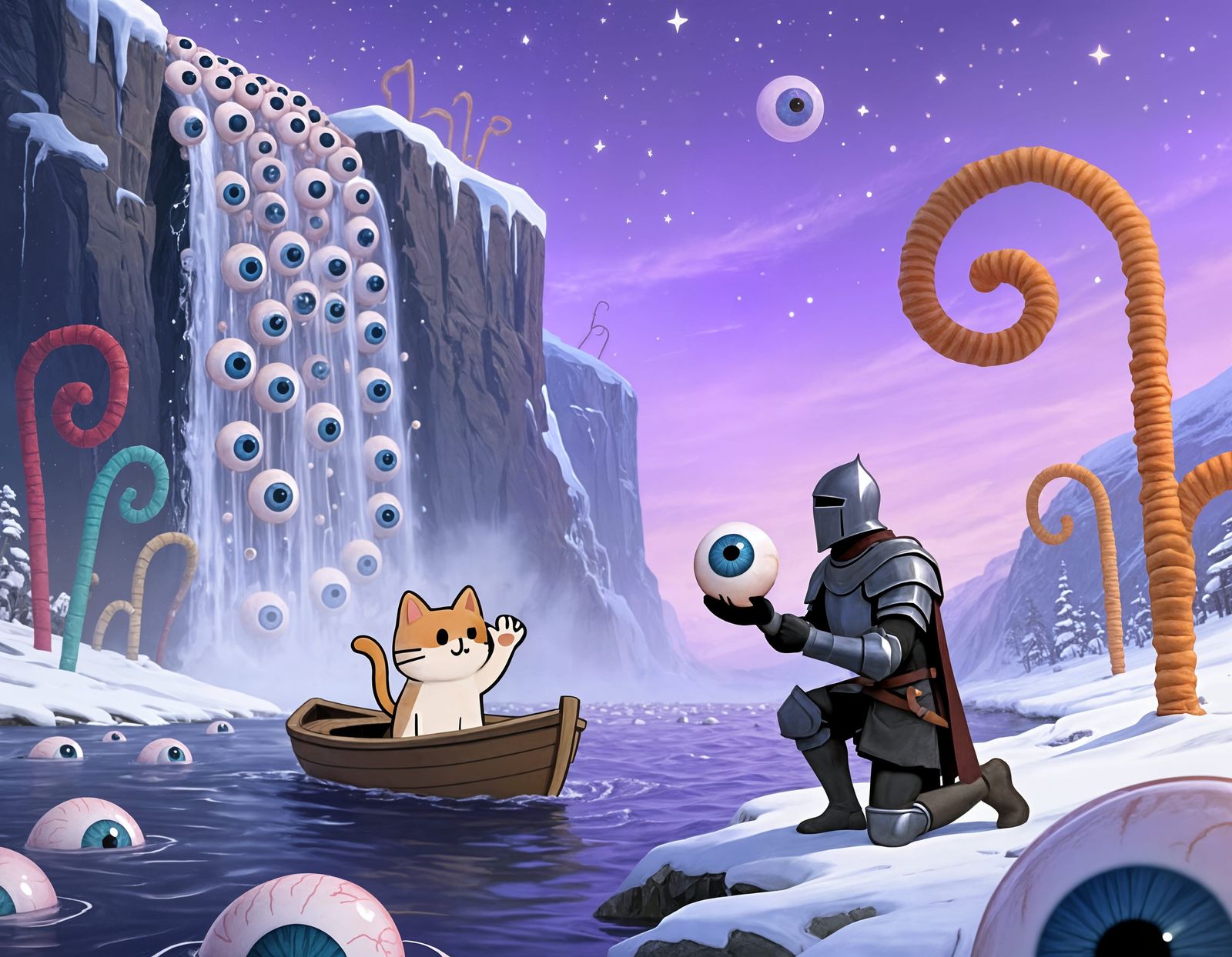Eyeball Waterfall Landscape with Cat and Knight