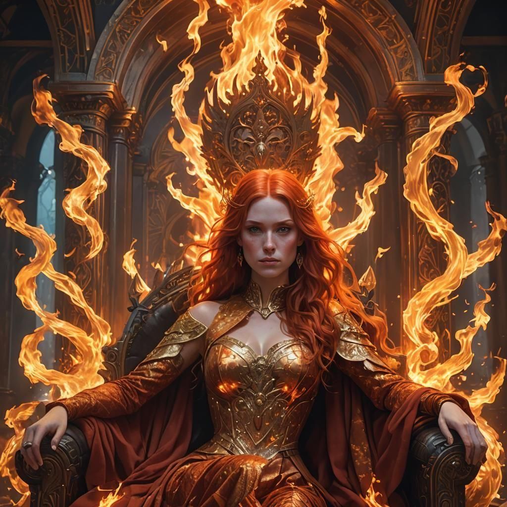Fiery Throne: Redhead Woman in Burning Dress