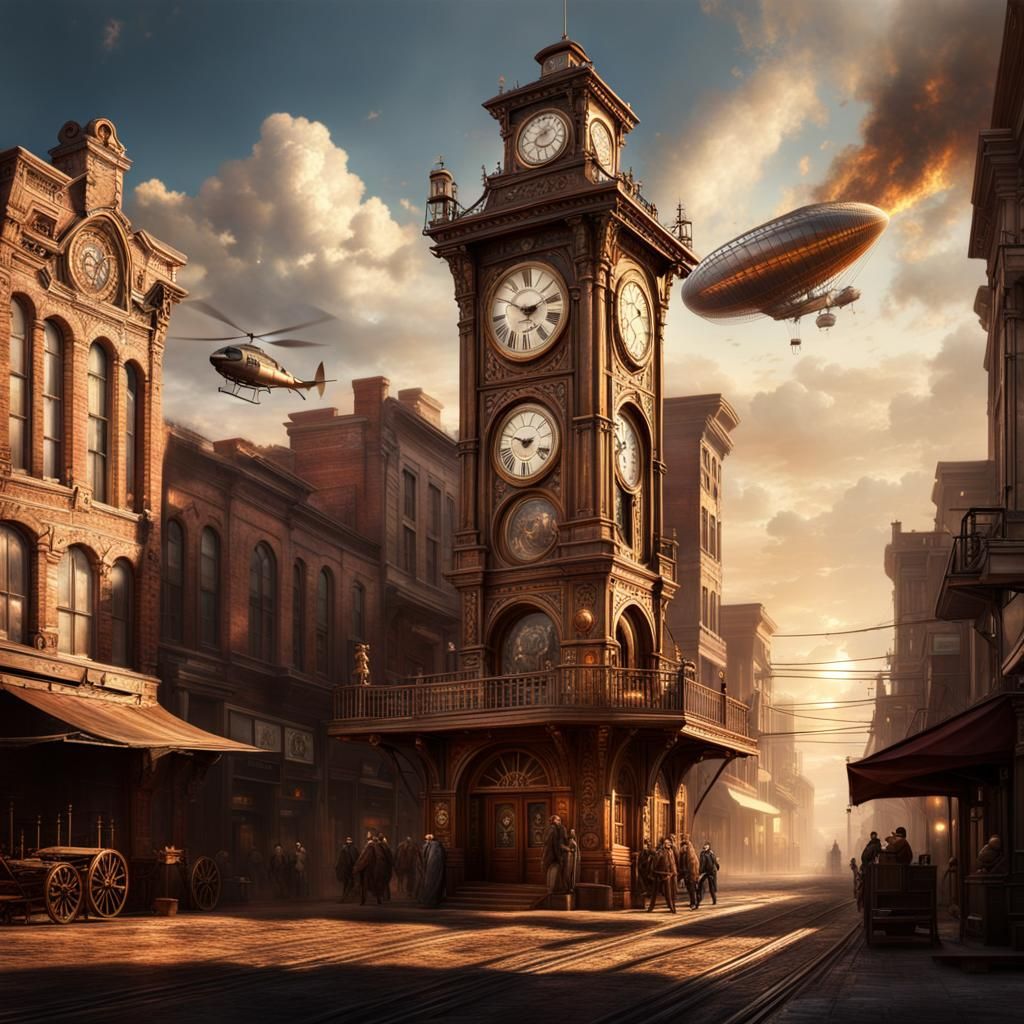 Steampunk Old West Main Street with Airship