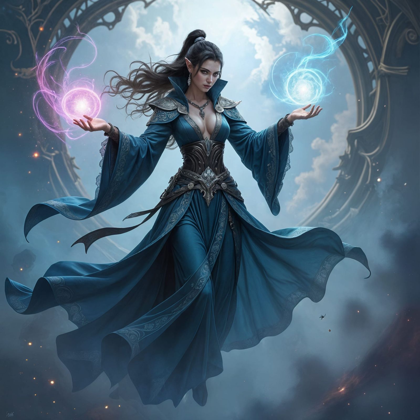 Elven Sorceress Conjuring Cosmic Energy in Flight