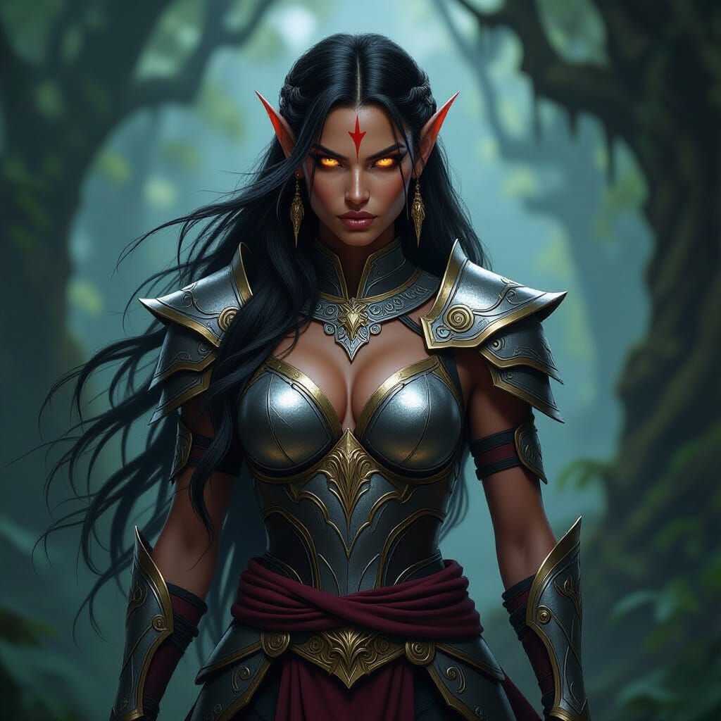Dark-Skinned Elven Warrior in Dense Forest - Fantasy Art
