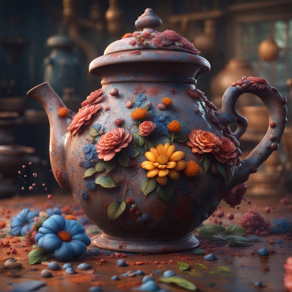 Whimsical Clay Teapot with Flowers, Digital Art