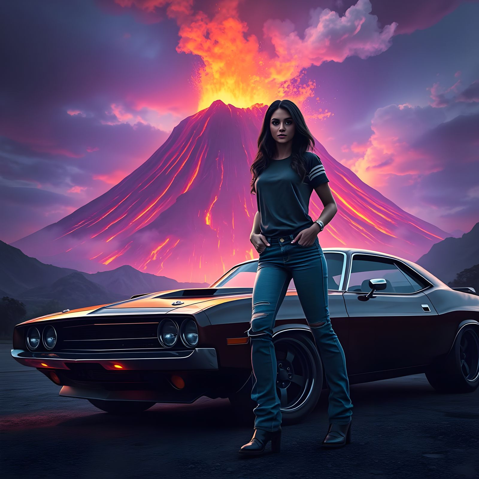 Dark Fantasy Goddess Amidst a Volcanic Landscape in Cyberpun...