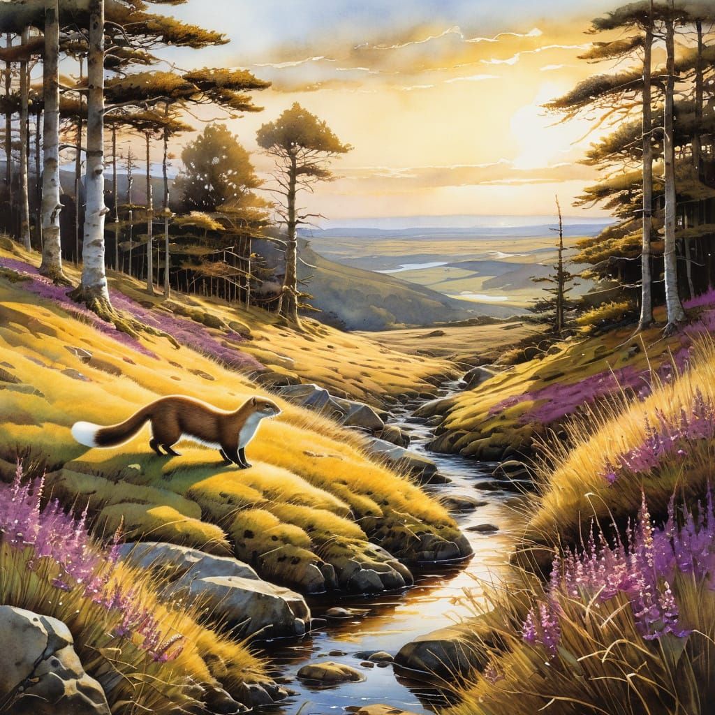 A beautiful, highly detailed scene of a stoat in the heathla...