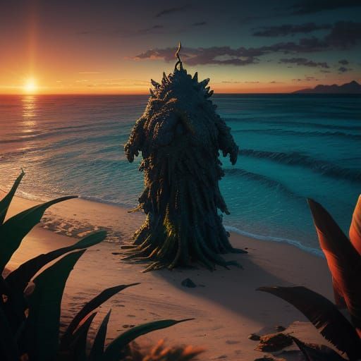 Tropical Sunset on a Distant Planet in Hyperrealistic Style