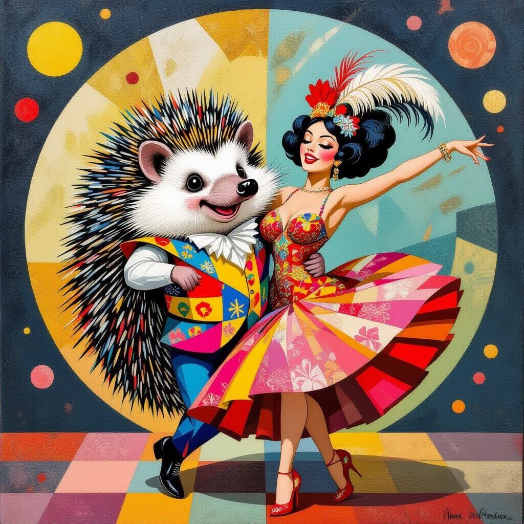 Hedgehog Dances Wildly with Showgirl in Art Deco Style