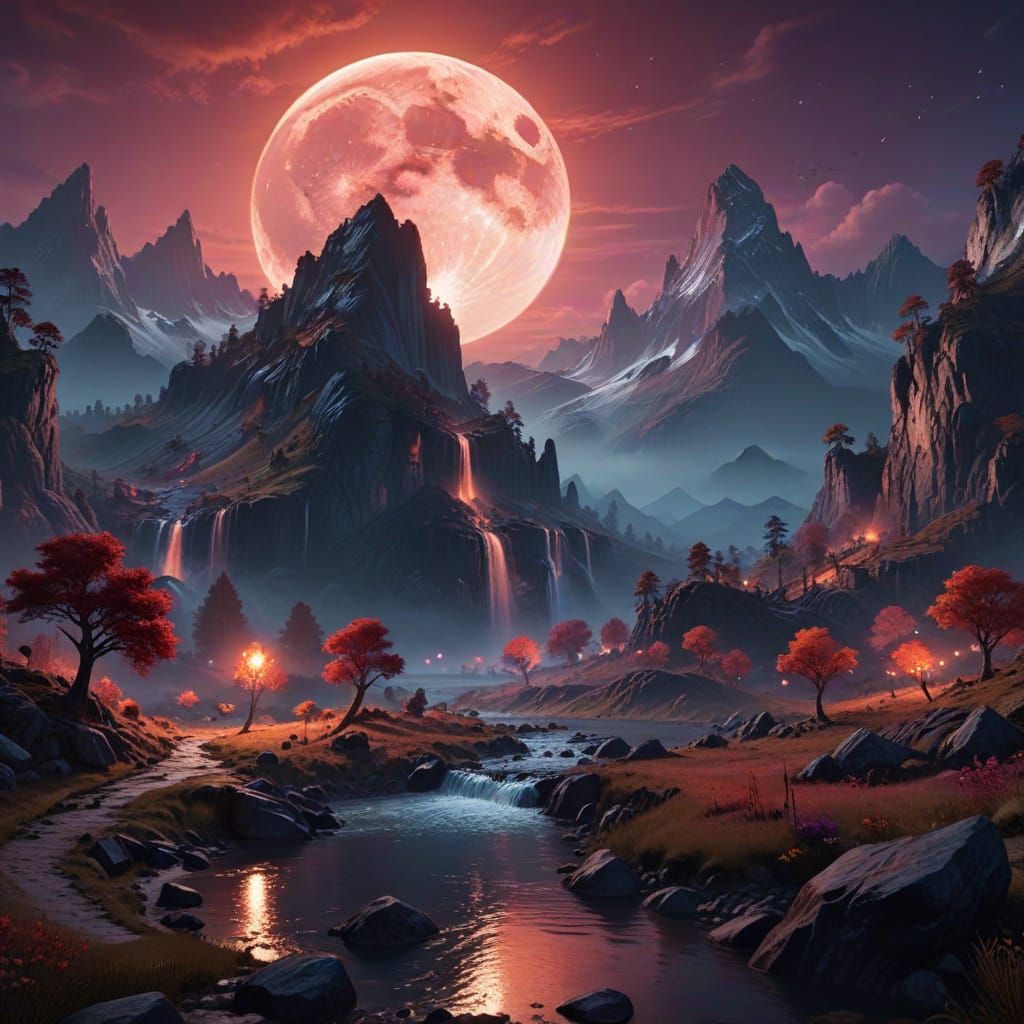 Ethereal Fantasy Landscape with Majestic Mountain Range and ...