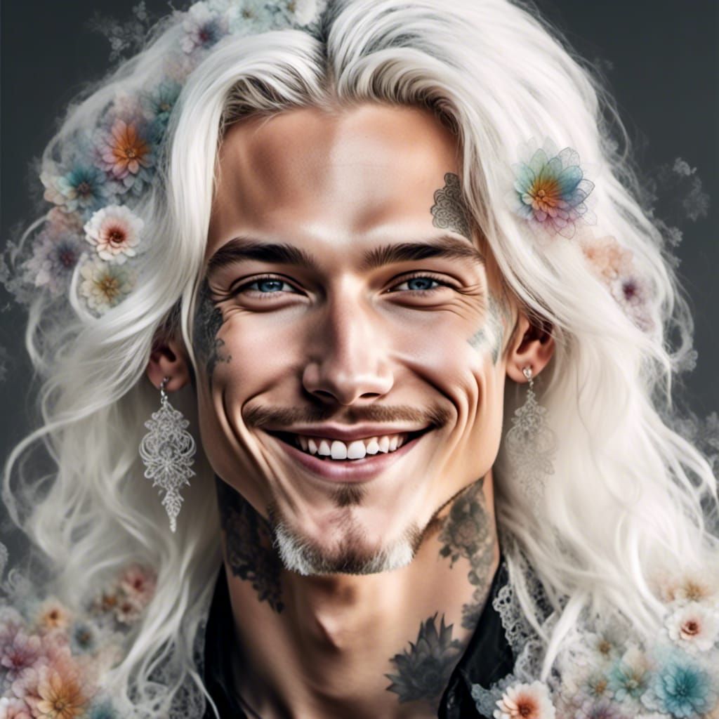 Smiling Man with Rainbow Lace Flowers