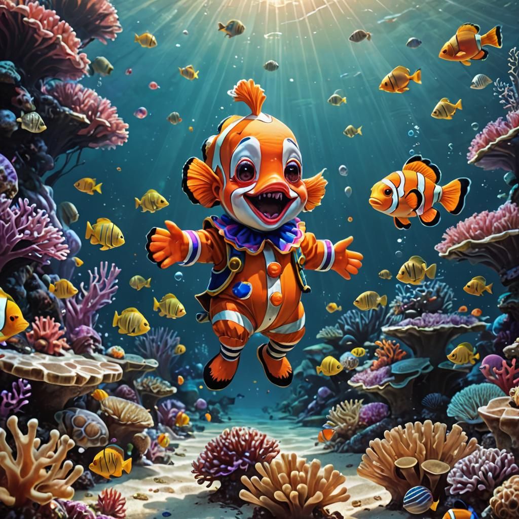 Chibi Clownfish in Coral Reef: Vibrant Digital Art