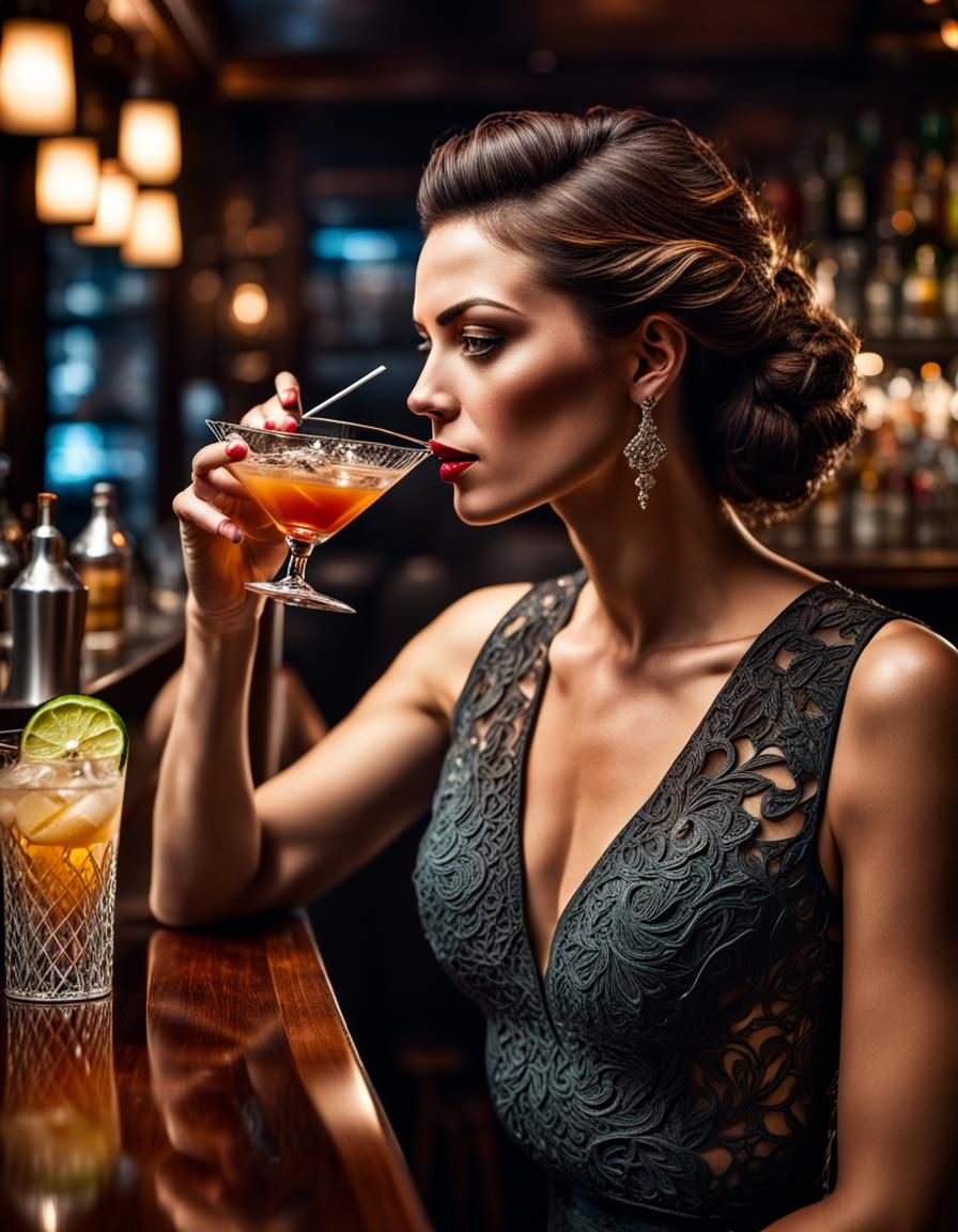Hyperrealistic Woman at Cocktail Bar in HDR