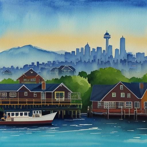 Houseboat Scene in Seattle: Gouache Impressionist Painting