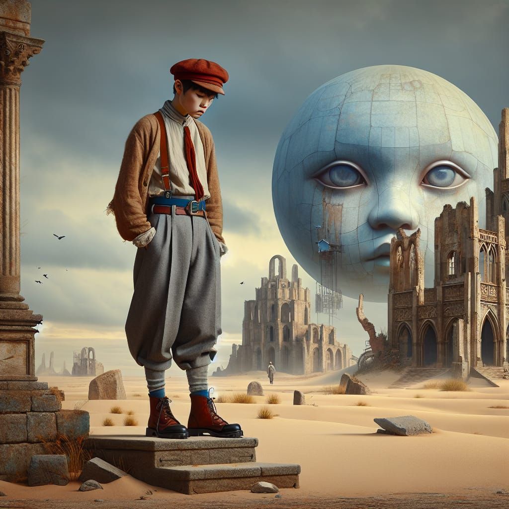 Melancholy Asian Woman in Surreal Desert Landscape