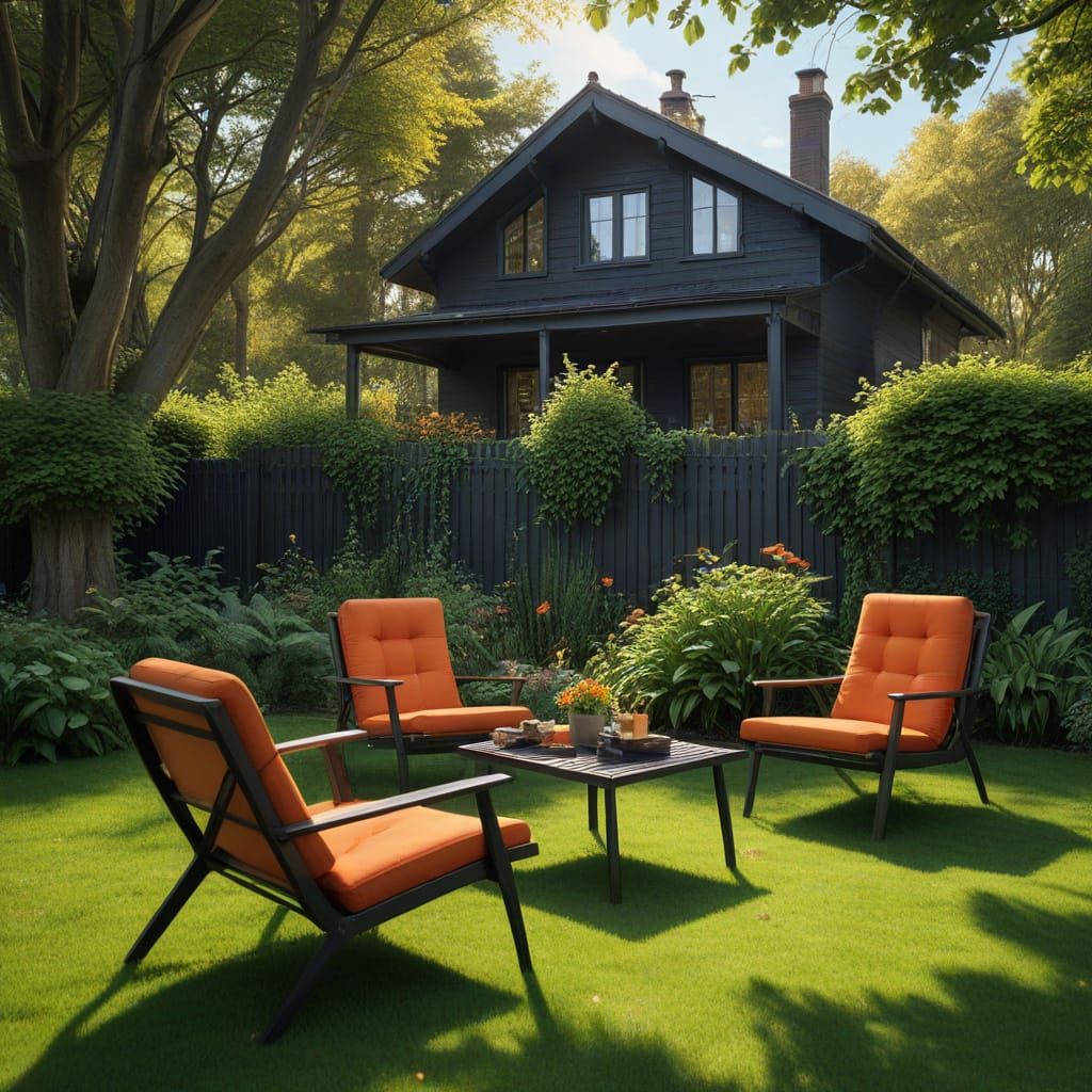 Vibrant Oil Painting of a Lush Yard with Black and Orange Fu...