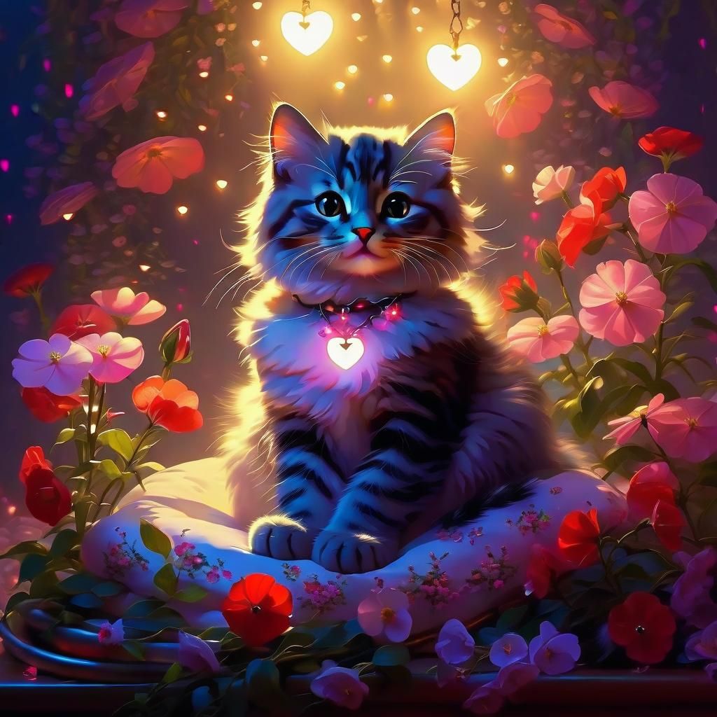 Cute Cat with Flowers, Digital Art