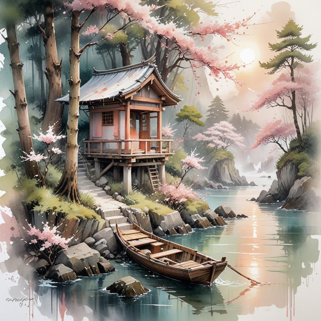 Seaside Village with Cherry Blossoms in Anime Style