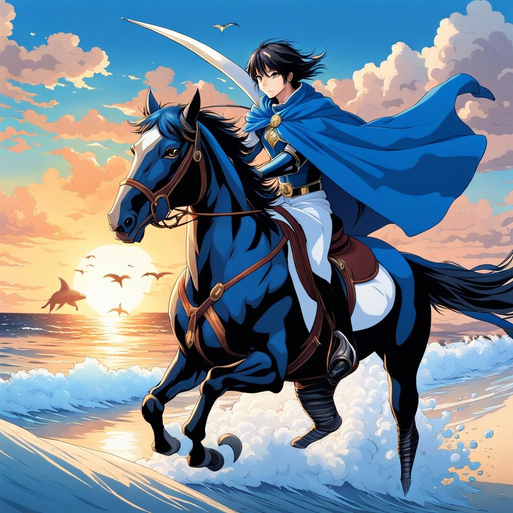 Anime Knight on Horseback with Dolphin