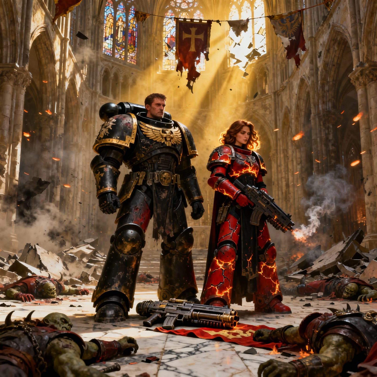 Space Marine and Sister of Battle Victorious in Gothic Cathe...