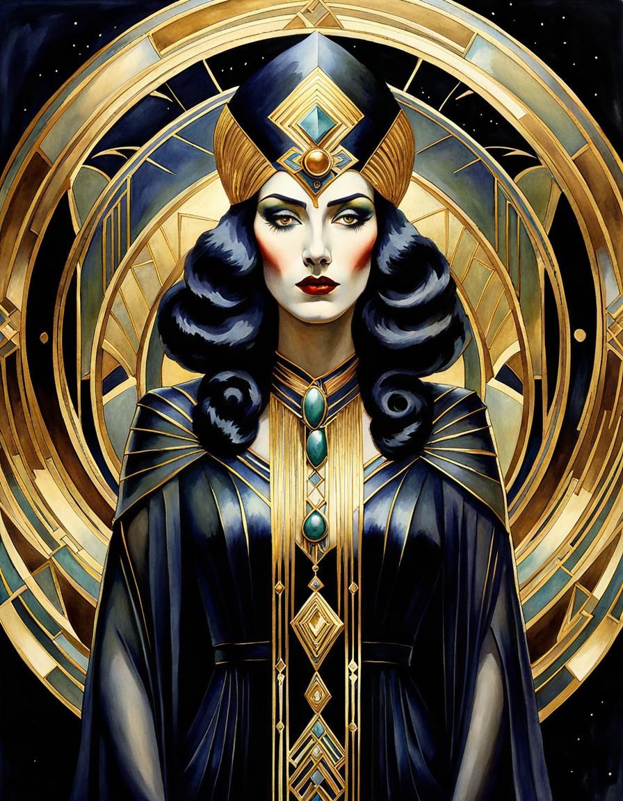 Art Deco Witch Portrait in Watercolor Style