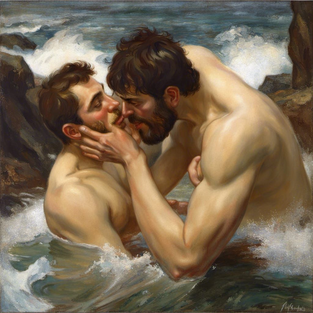 Passionate Kiss: Men in Sea, Oil Painting