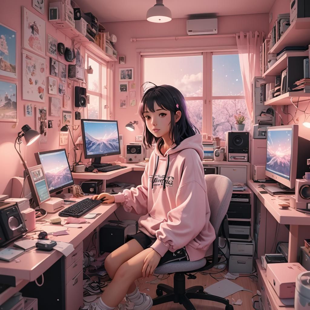 Cute Lofi Girl in Cozy Room, Anime Key Visual