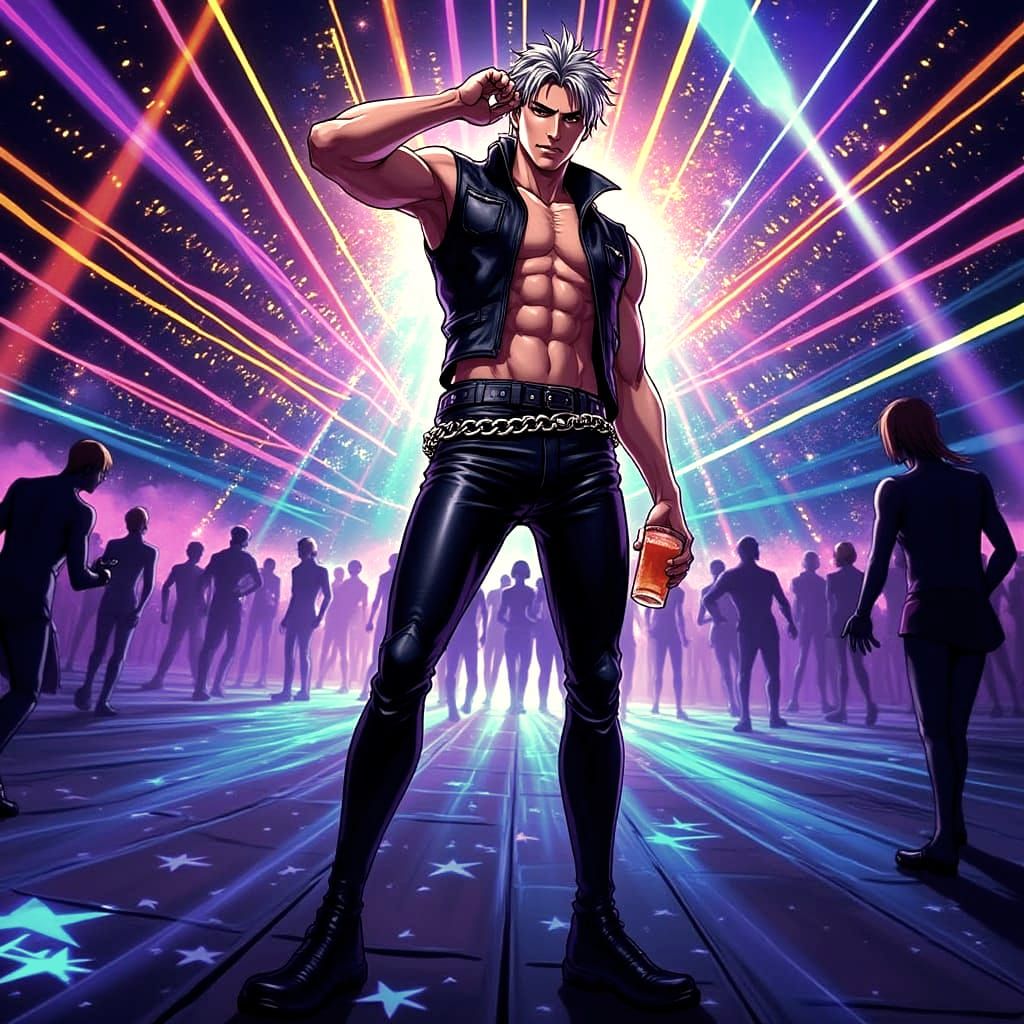 Handsome Older Anime Man in Neon Nightclub