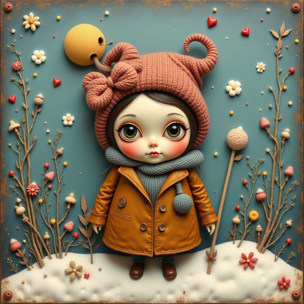 Folk Art Girl in Snowy Cocoa Tones
