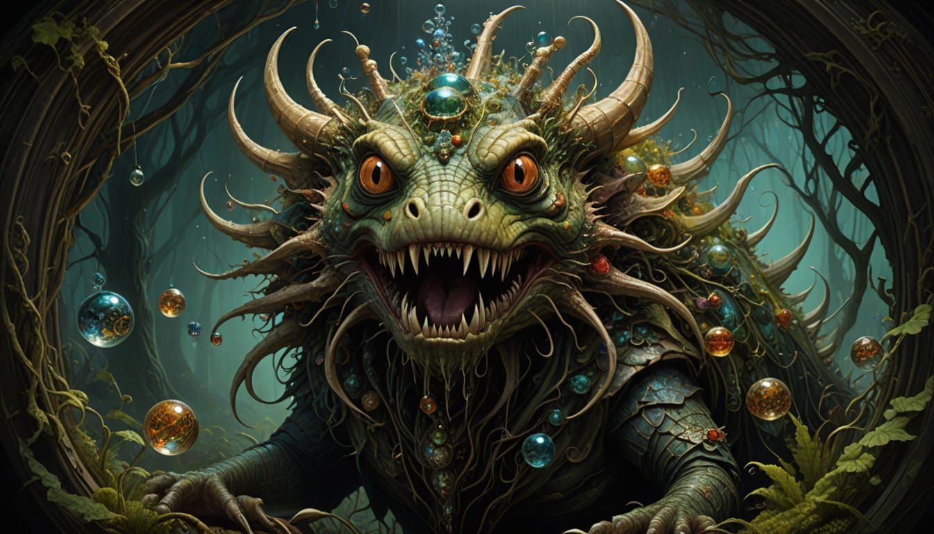 Surreal Oil Painting in Imperial Shades with Eel-Like Creatu...