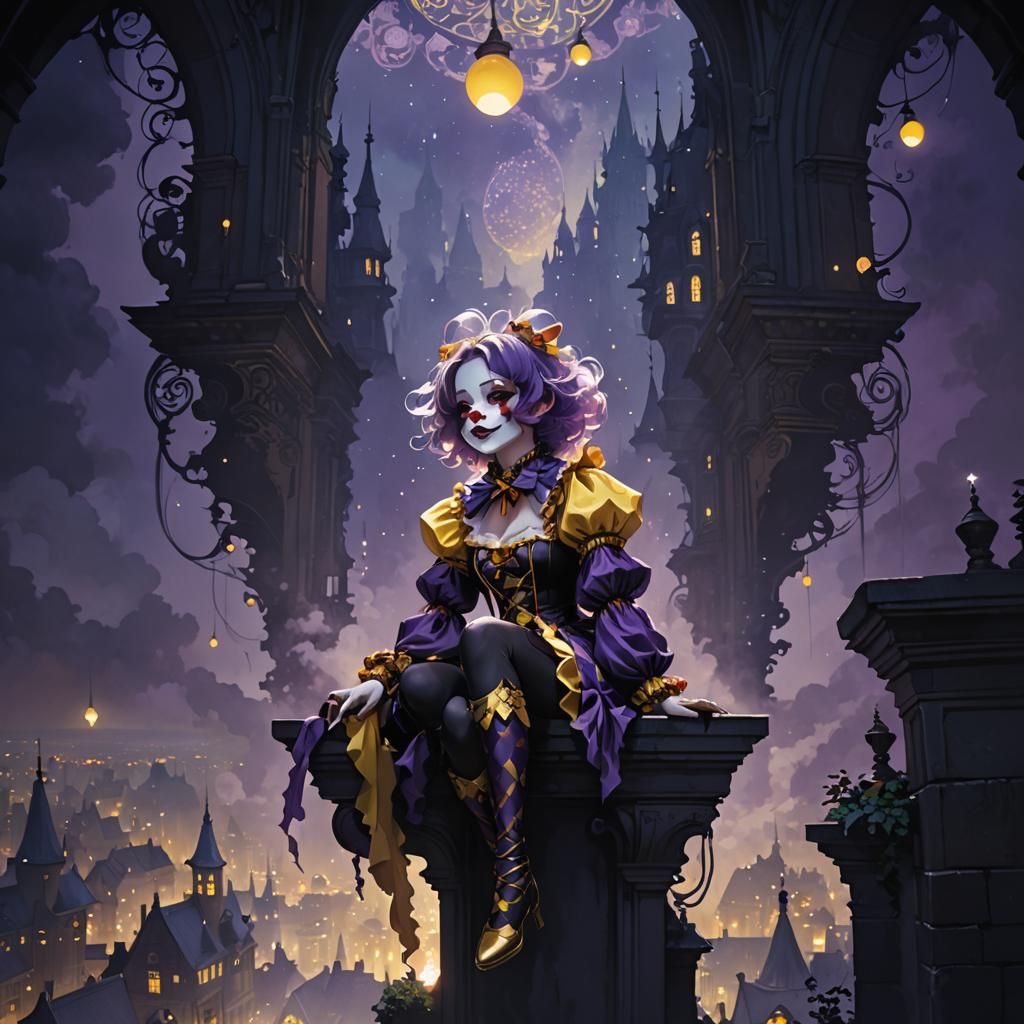 Glowing Dark Fantasy Clown Girl Anime Art