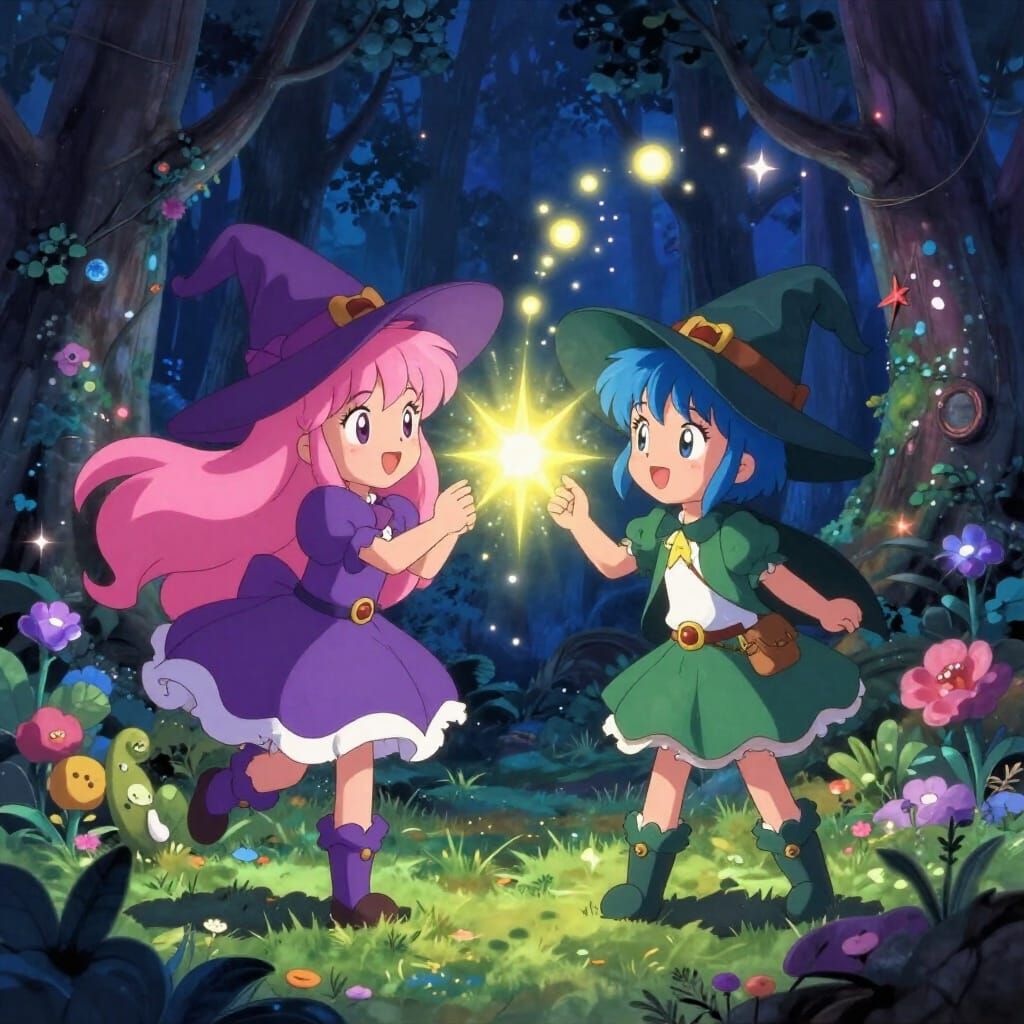 Cute Anime Witches Casting Spell in Enchanted Forest
