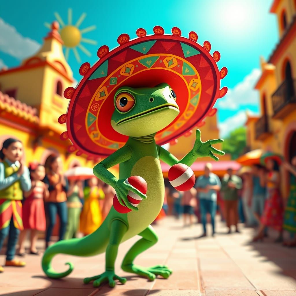 Green Lizard Samba Dance in Origami Papercraft Style