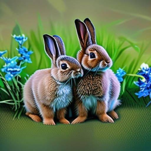 Two Baby Bunnies in a Flower Filled Forest