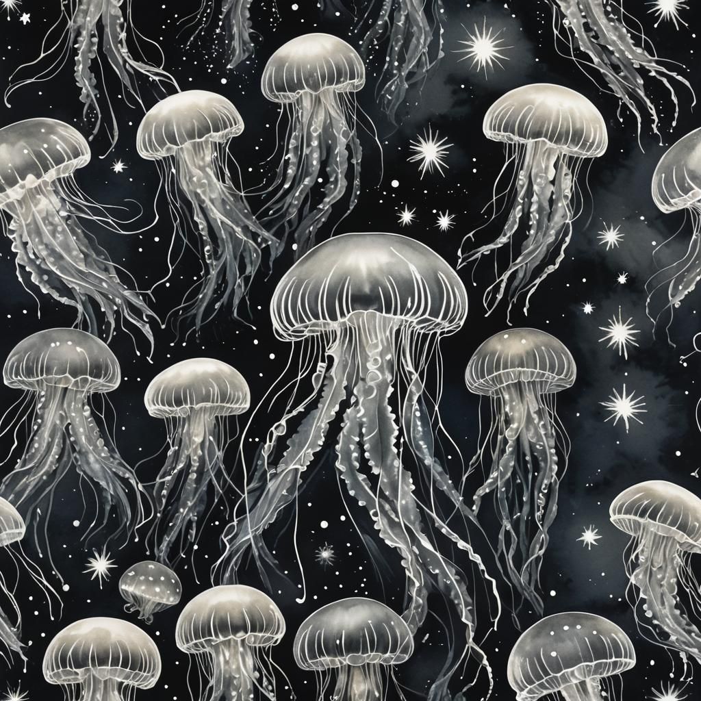 Glowing Jellyfish in Starry Ocean, Alcohol Ink Art