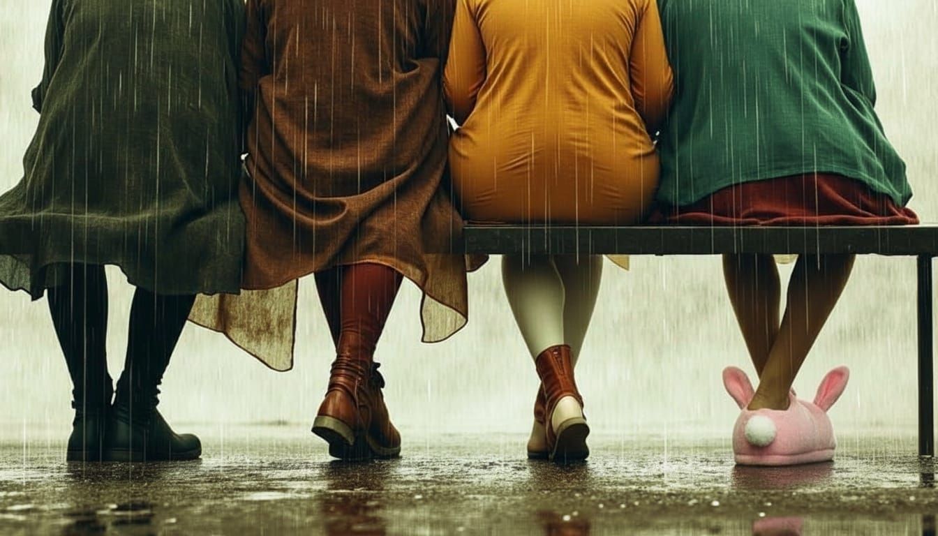 Four Pairs of Feet at a Rainy Bus Stop