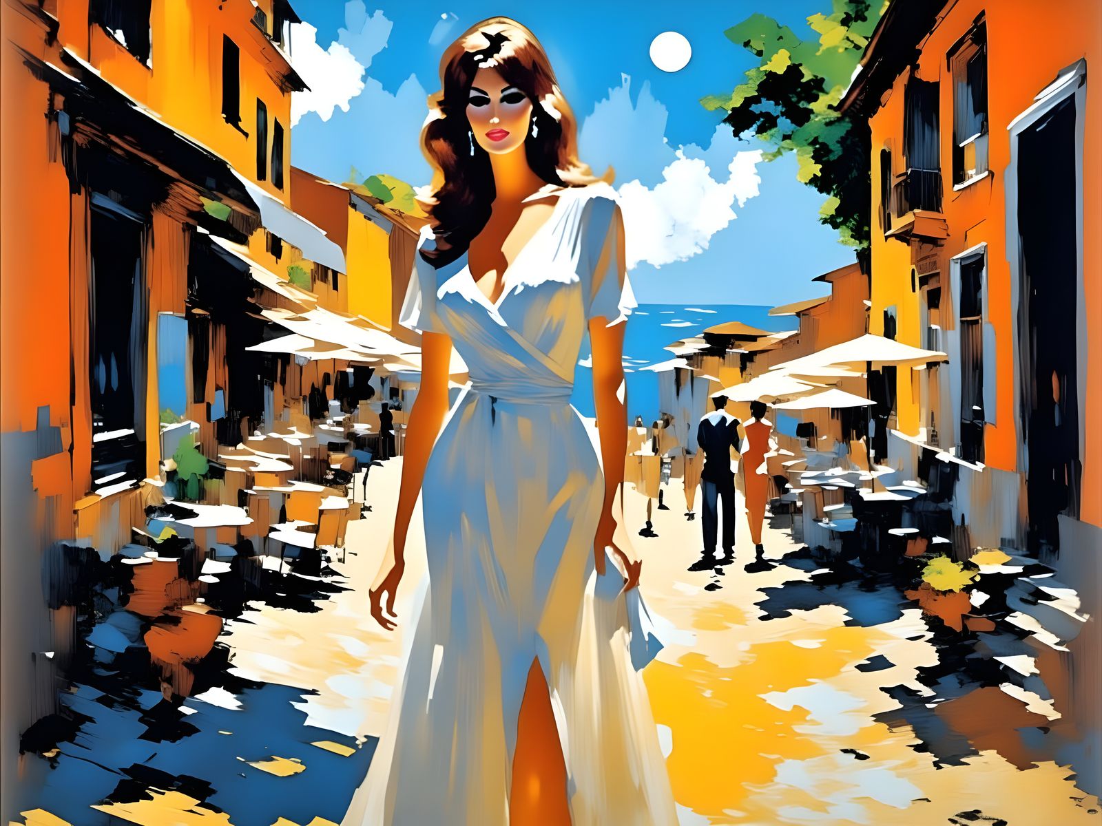 Abstract Expressionist Painting of Woman in Italian Village