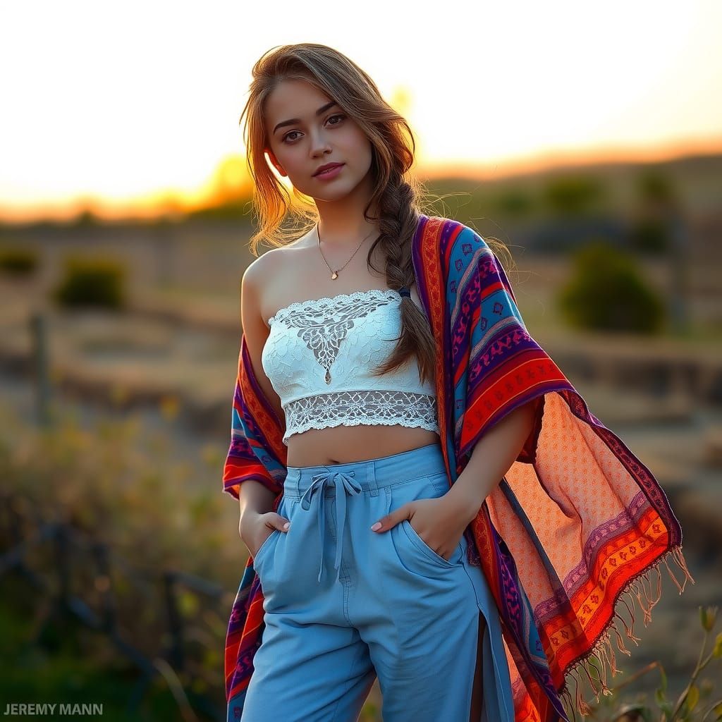 Bohemian Woman in Sunset, Painterly Style