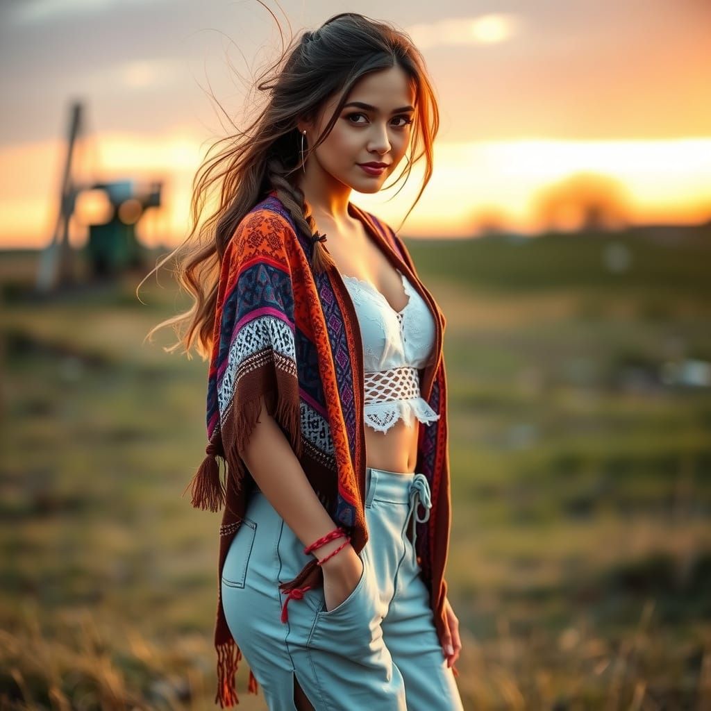 Bohemian Woman at Sunset in Painterly Style