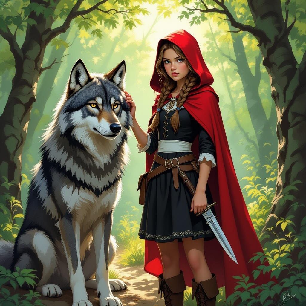 Teenage Girl With Wolf In Sun-Dappled Forest