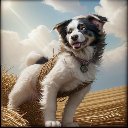 steampunk Border Collie pup, sleeping in straw, soctane rend...