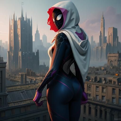Colossal Spider-Gwen Over City, Matte Painting Style
