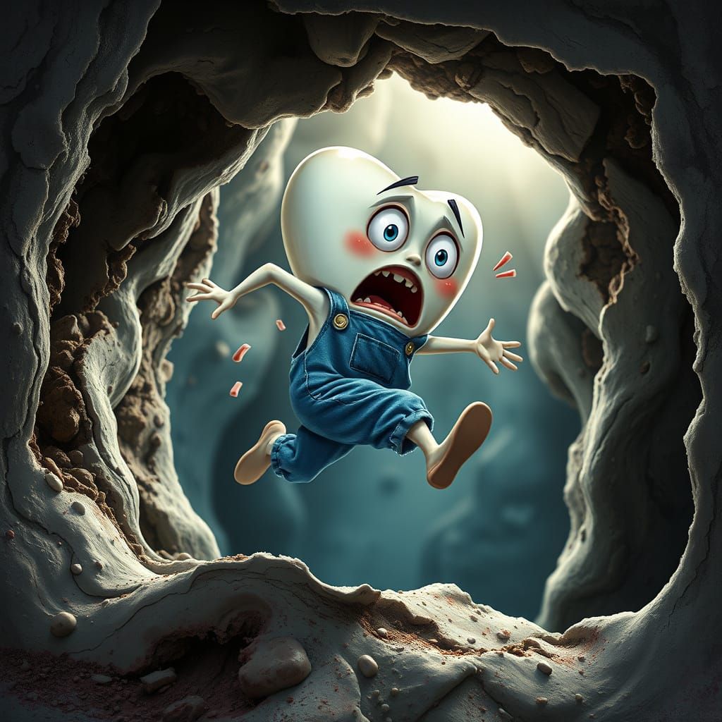 Dramatic Tooth in Peril, in Whimsical Children's Book Style