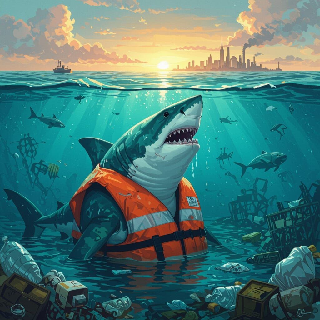 Distressed Shark Cries for Help in Polluted Ocean